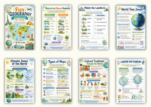 ✨ Printable Fun Geography Workbook Template – 44 World Adventure Pages ✨ Take young explorers on an exciting, screen-free journey around the globe! 🌍🧭