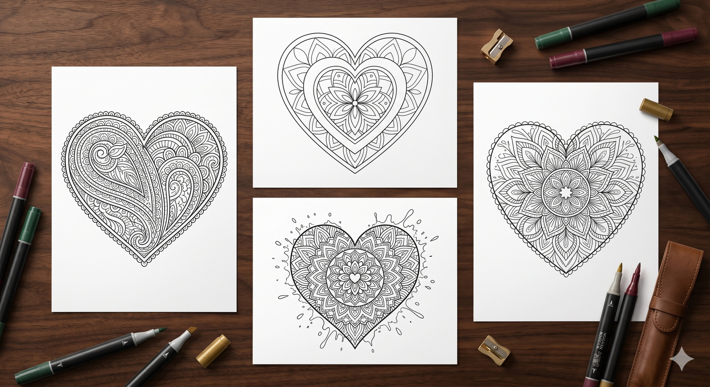 Beautiful Seamless Floral Heart Coloring Pages (50 Printable Designs)