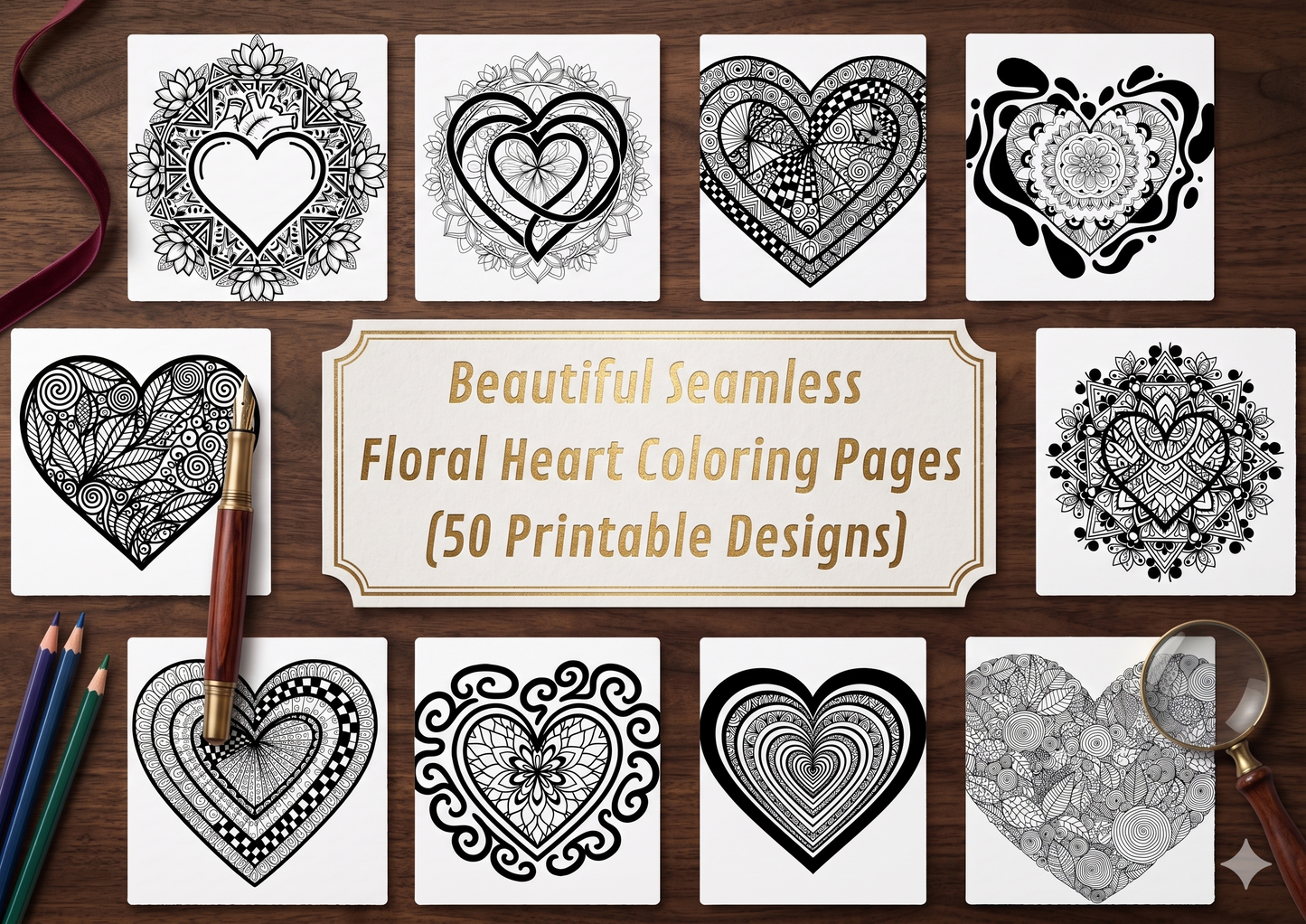 Beautiful Seamless Floral Heart Coloring Pages (50 Printable Designs)