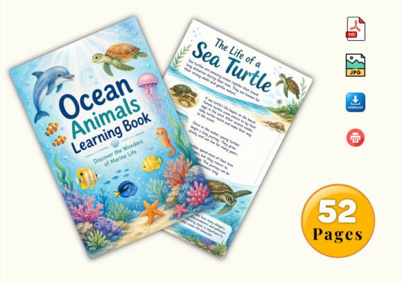 ✨ Printable Ocean Animals Learning Workbook Template – 52 Marine Science Pages ✨ Take a deep dive into the magical underwater world and explore the wonders of marine life! 🌊🐠