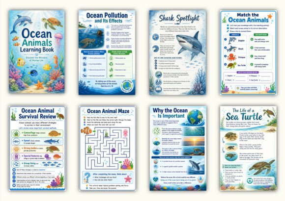 ✨ Printable Ocean Animals Learning Workbook Template – 52 Marine Science Pages ✨ Take a deep dive into the magical underwater world and explore the wonders of marine life! 🌊🐠