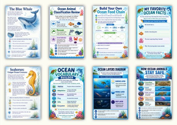 ✨ Printable Ocean Animals Learning Workbook Template – 52 Marine Science Pages ✨ Take a deep dive into the magical underwater world and explore the wonders of marine life! 🌊🐠