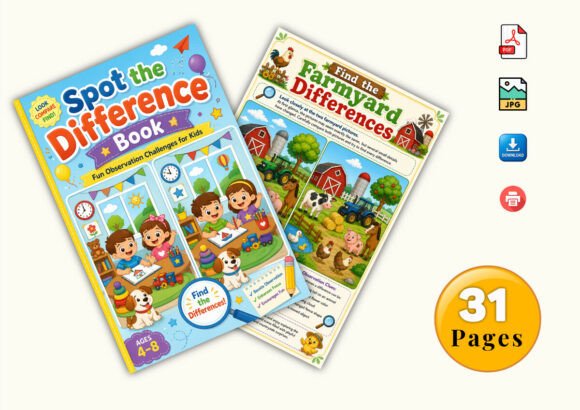 ✨ Printable Spot the Difference Activity Book Template – 31 Observation Puzzles ✨ Sharpen young minds, boost concentration, and unlock hours of screen-free puzzle fun! 👀✨
